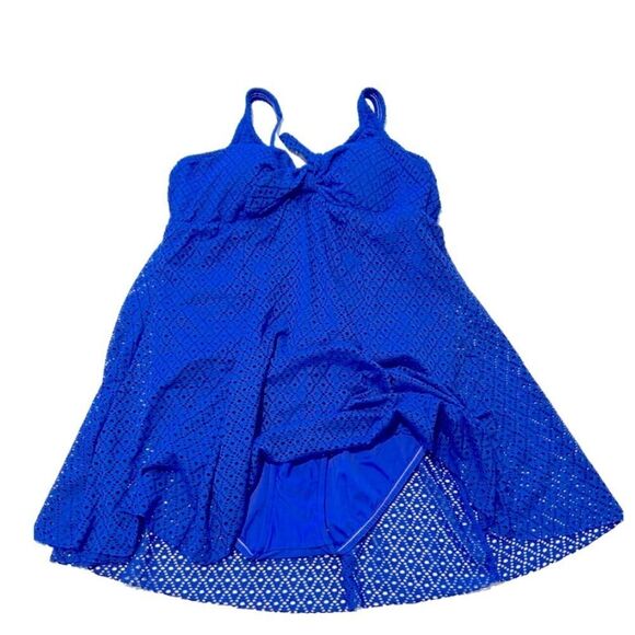 Swim Solutions Swimdress Size 8 Swimsuit Crochet Bow Tummy Control Blue NEW $109 - Picture 9 of 11